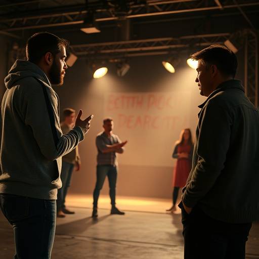 Acteurs oefenen een dramatische scène in een studio.