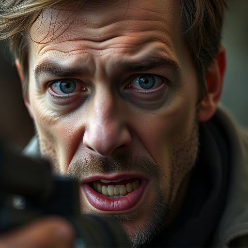 Een acteur maakt dramatische gezichtsuitdrukkingen voor een camera.
