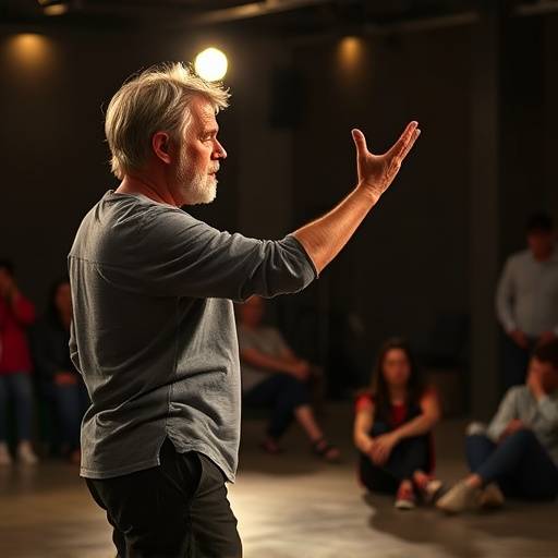 Een docent, meneer Jasper de Vries, demonstreert een complexe beweging tijdens een fysieke theaterworkshop