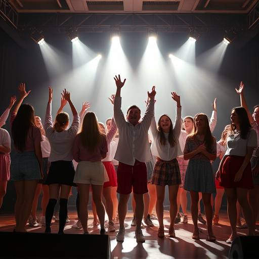 Een ensemble van studenten staat triomfantelijk na een succesvolle gezamenlijke performance