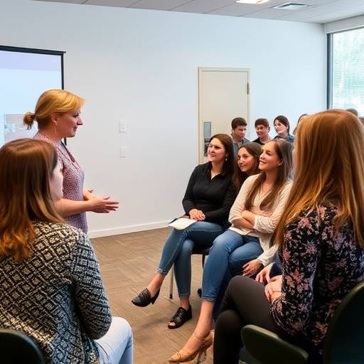 Een gastspreker, bekend theaterregisseur Elara Visser, deelt inzichten met enthousiaste studenten