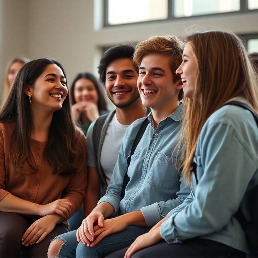 Een groep lachende studenten ontspant zich in de pauze tussen de repetities