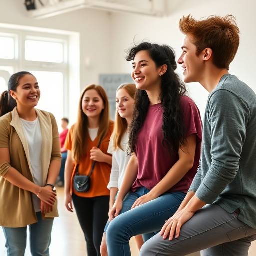 Een groep studenten die lachend toneel oefenen in een studio.