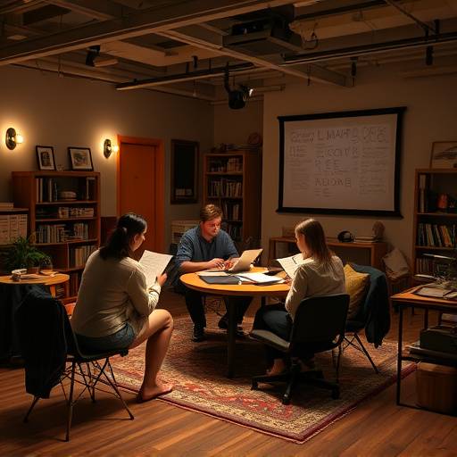 Een sfeervolle foto van de studieruimte waar studenten samenwerken aan scripts en theorie