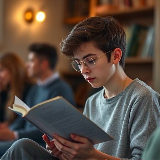 Een student leest met volle concentratie een gedicht voor in een creatieve schrijfgroep