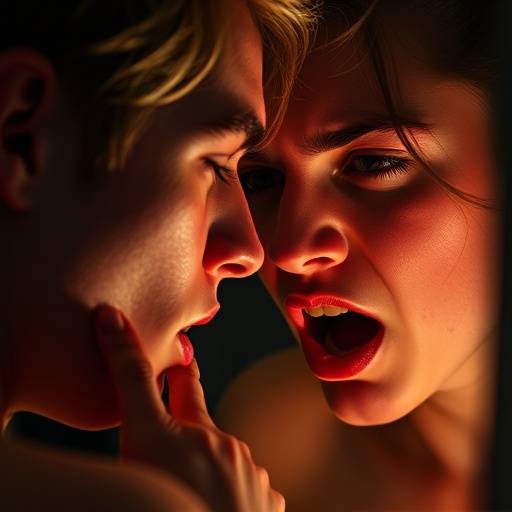 Een student oefent het uiten van intense emoties met behulp van gezichtsuitdrukkingen in de spiegel