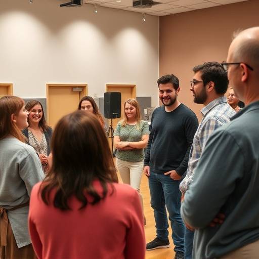 Groep acteurs in een repetitieruimte, lachend en aanwijzingen ontvangend van een regisseur.