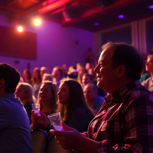 Het publiek geniet zichtbaar van een komische voorstelling met veel interactie