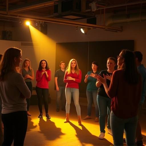 Studenten oefenen lichaamstaal en non-verbale communicatie in een dynamische workshop
