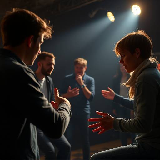 Studenten werken geconcentreerd aan acteeroefeningen tijdens een intensieve workshop improvisatie
