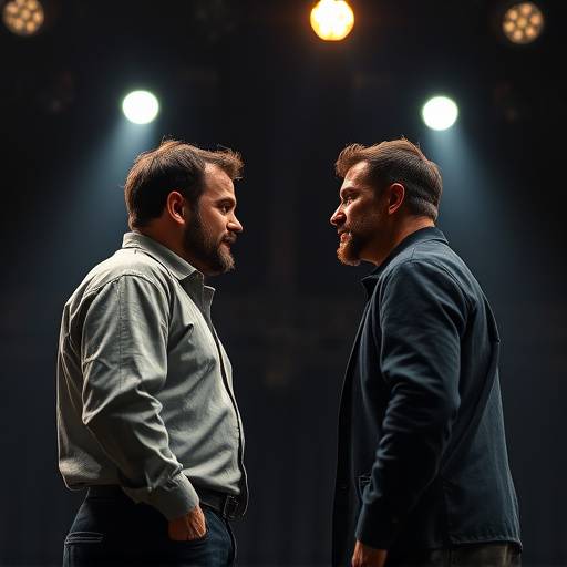 Twee acteurs voeren een dialoog uit op een podium, belicht door spotlichten.