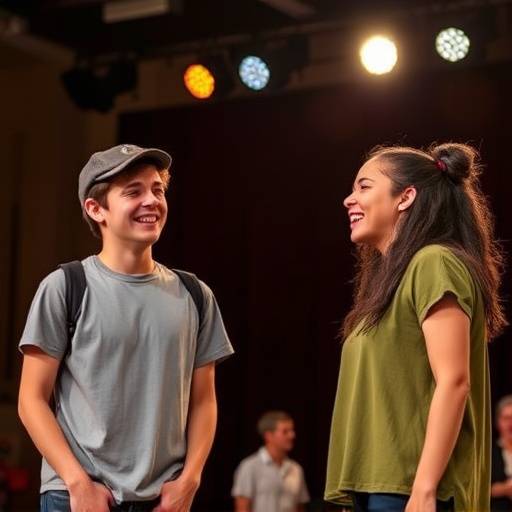 Twee studenten lachen terwijl ze improviseren op een podium.