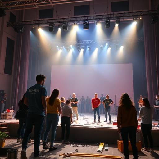 Vrijwilligers helpen mee met de opbouw van het decor voor een groot school evenement